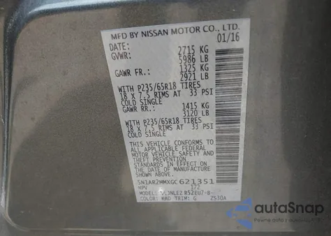 2016 Nissan Pathfinder Platinum/S/Sl/Sv из США, поврежденный, VIN 5N1AR2MMXGC621351